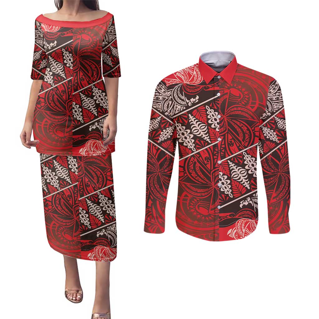 Vintage Ngatu Tribal Tonga Pattern Couples Matching Puletasi and Long Sleeve Button Shirt - Polynesian Pride