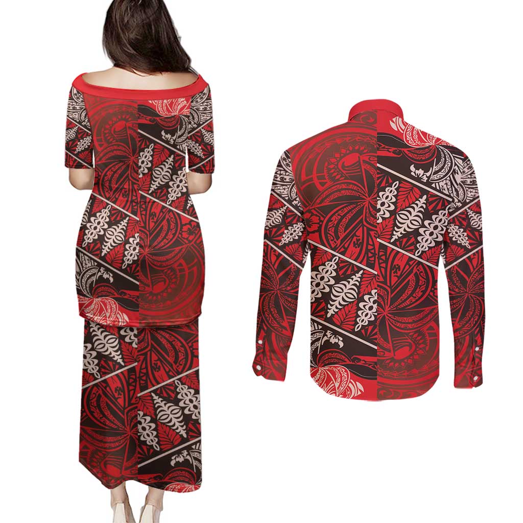 Vintage Ngatu Tribal Tonga Pattern Couples Matching Puletasi and Long Sleeve Button Shirt - Polynesian Pride