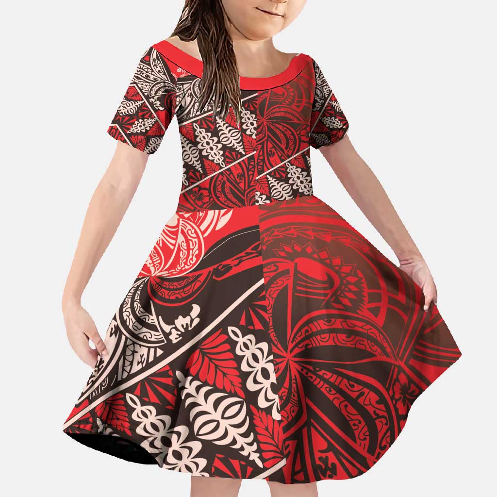 Vintage Ngatu Tribal Tonga Pattern Family Matching Off Shoulder Maxi Dress and Hawaiian Shirt LT9 Daughter's Dress Red - Polynesian Pride