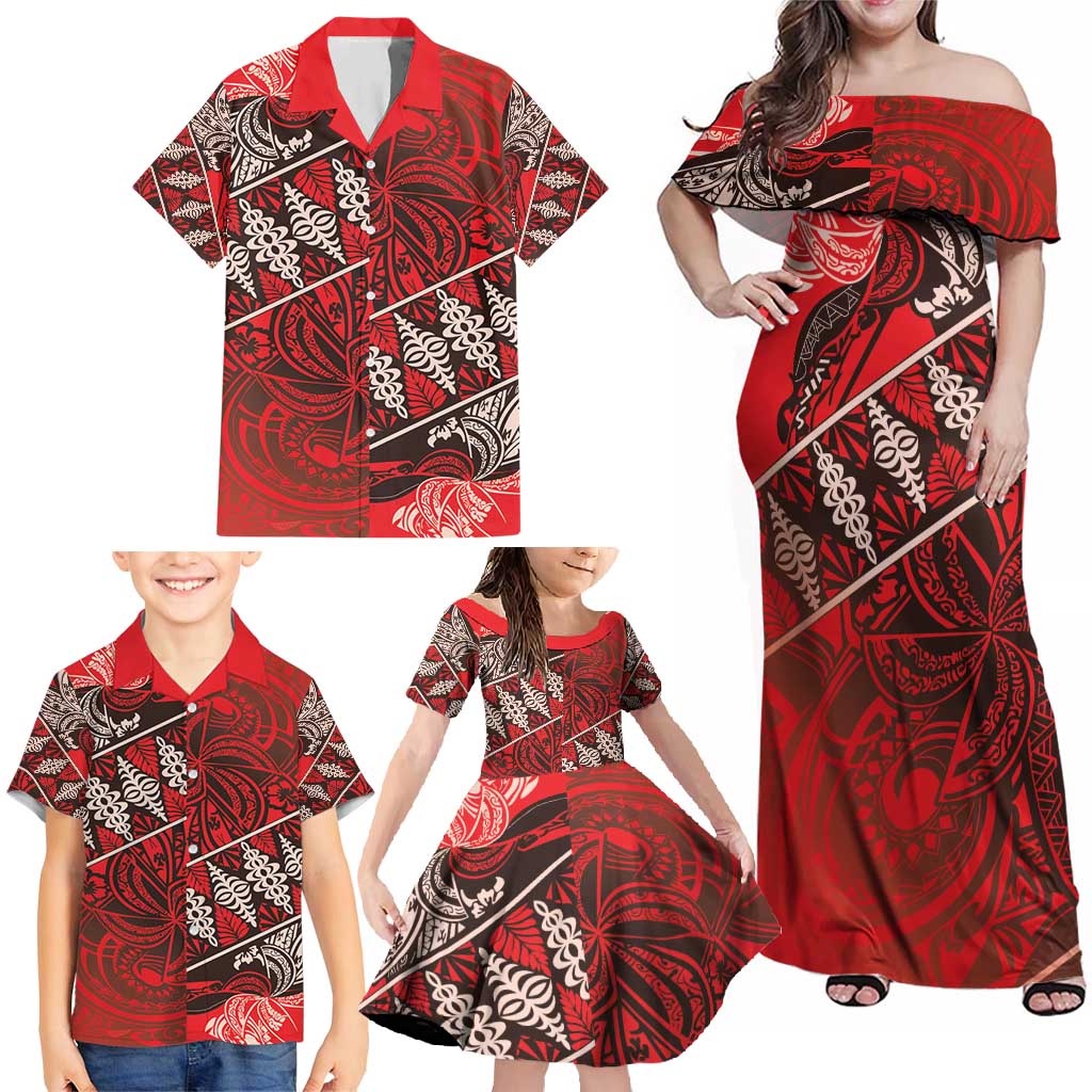 Vintage Ngatu Tribal Tonga Pattern Family Matching Off Shoulder Maxi Dress and Hawaiian Shirt - Polynesian Pride