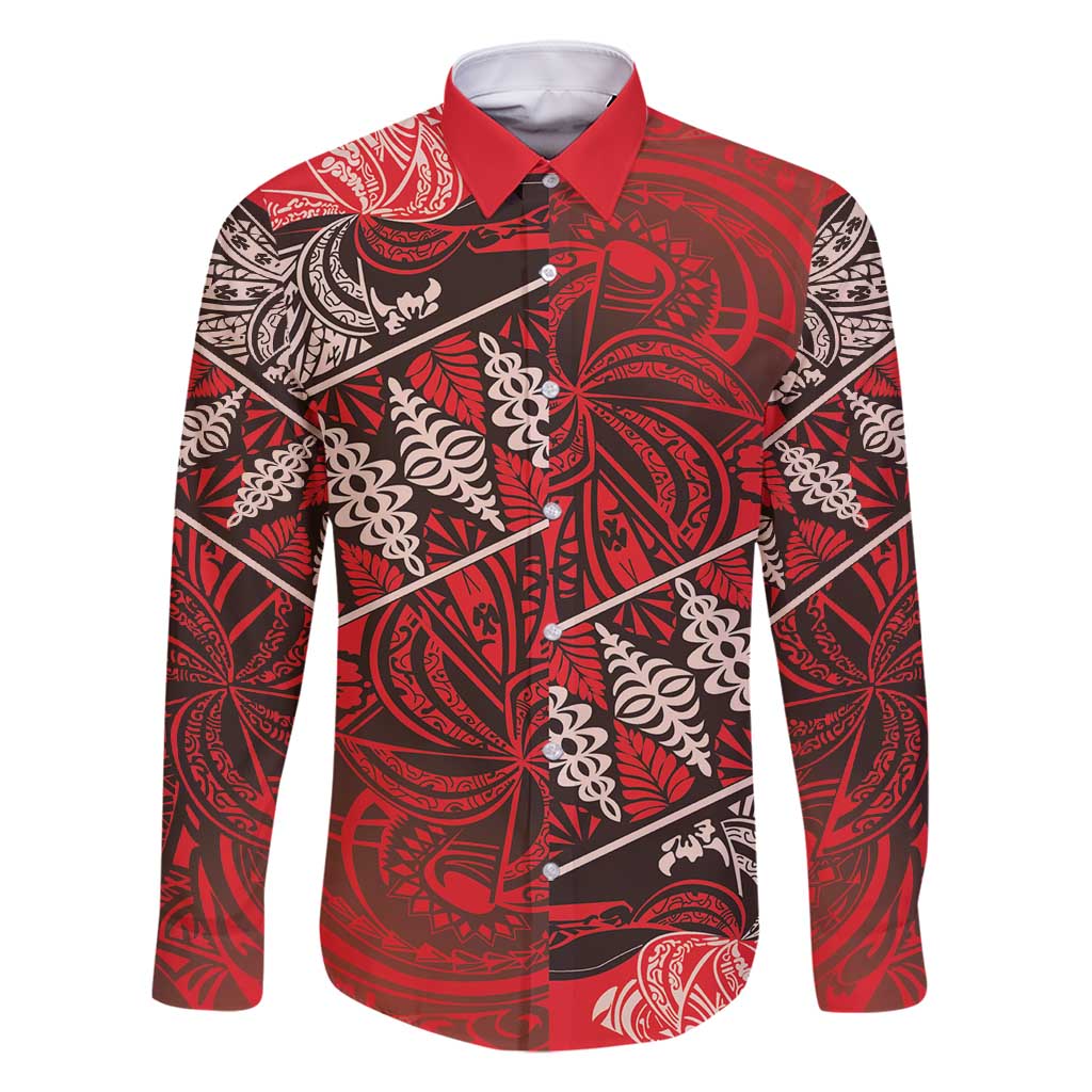 Vintage Ngatu Tribal Tonga Pattern Family Matching Off Shoulder Maxi Dress and Hawaiian Shirt LT9 Dad's Shirt - Long Sleeve Red - Polynesian Pride