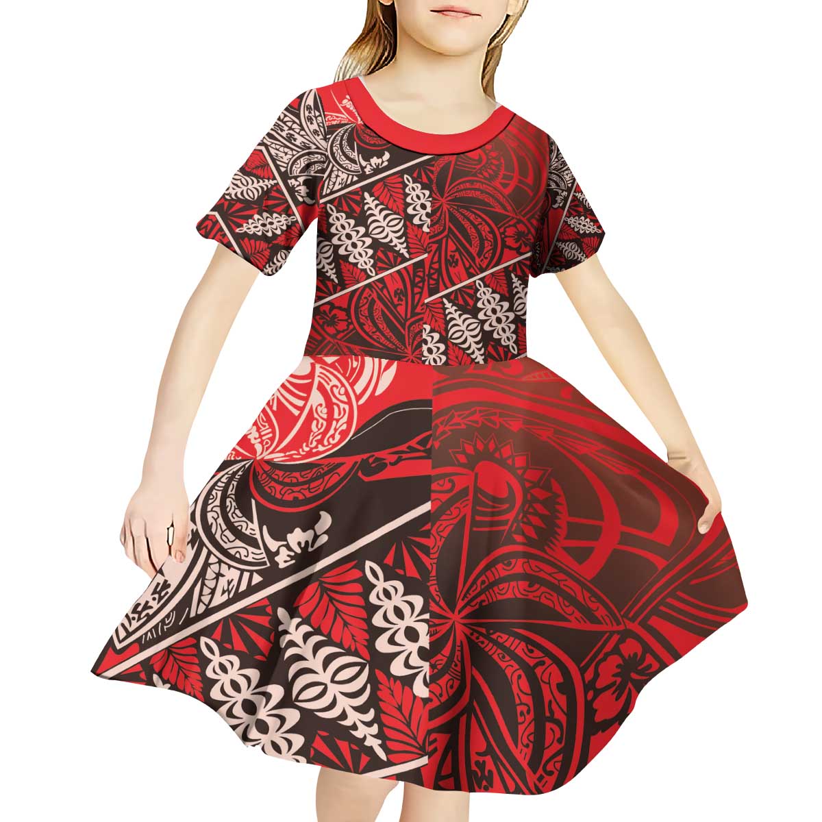 Vintage Ngatu Tribal Tonga Pattern Kid Short Sleeve Dress - Polynesian Pride