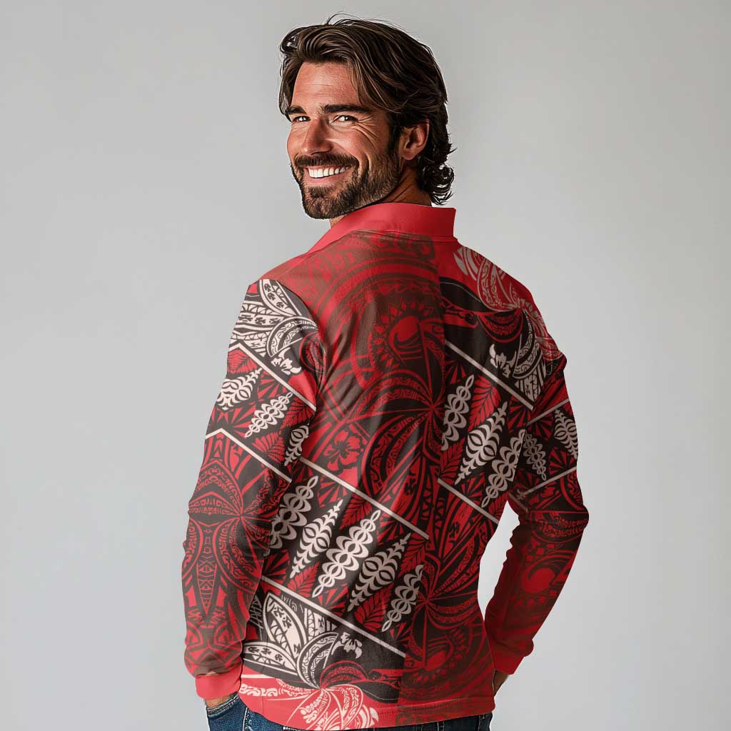 Vintage Ngatu Tribal Tonga Pattern Long Sleeve Polo Shirt - Polynesian Pride