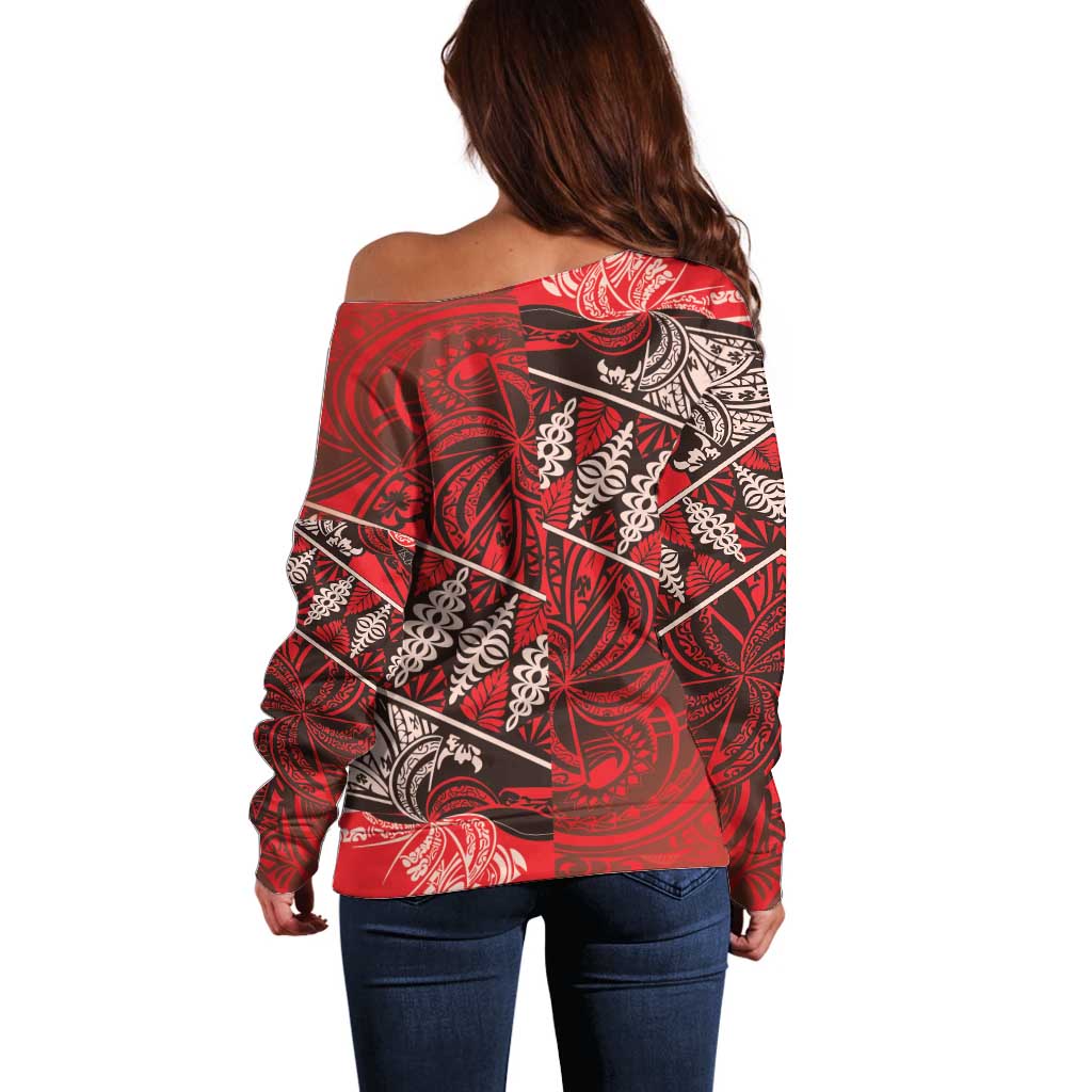 Vintage Ngatu Tribal Tonga Pattern Off Shoulder Sweater LT9 - Polynesian Pride