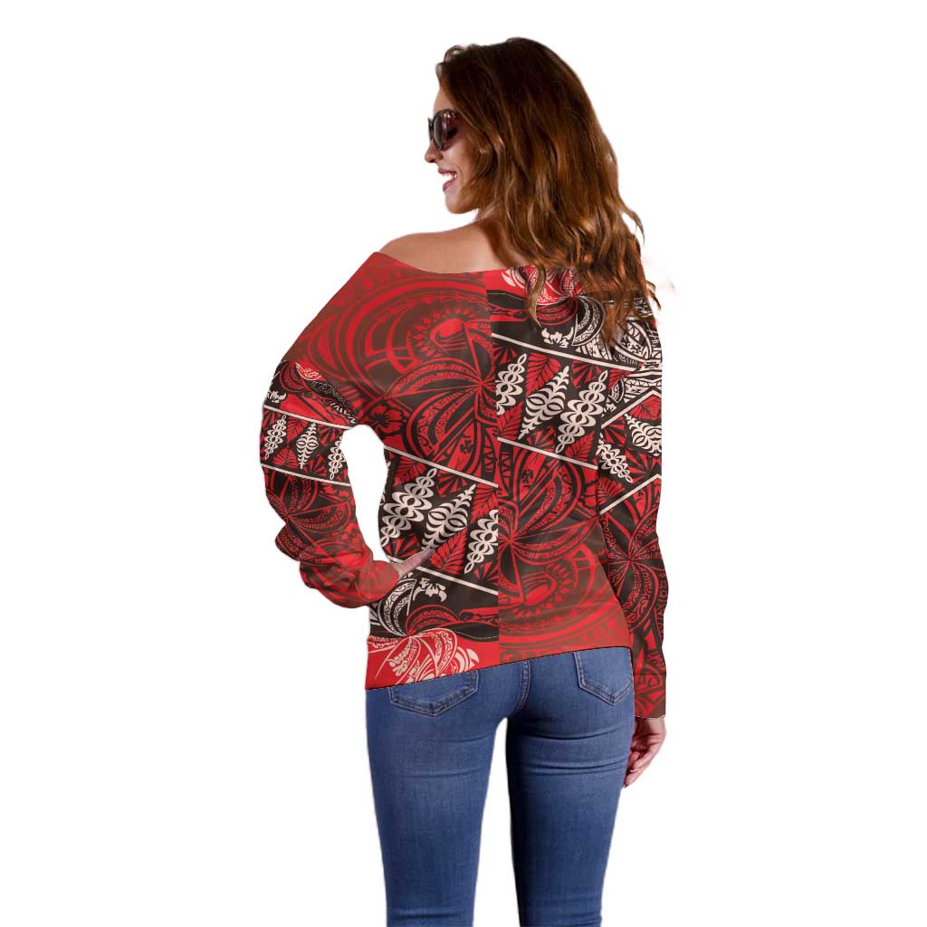 Vintage Ngatu Tribal Tonga Pattern Off Shoulder Sweater LT9 - Polynesian Pride