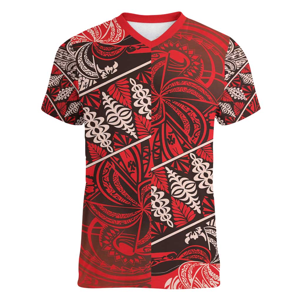 Vintage Ngatu Tribal Tonga Pattern Women V-Neck T-Shirt - Polynesian Pride