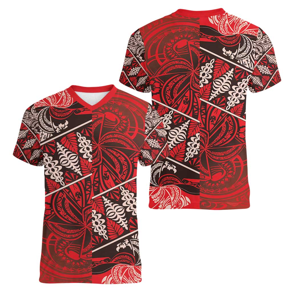 Vintage Ngatu Tribal Tonga Pattern Women V-Neck T-Shirt - Polynesian Pride