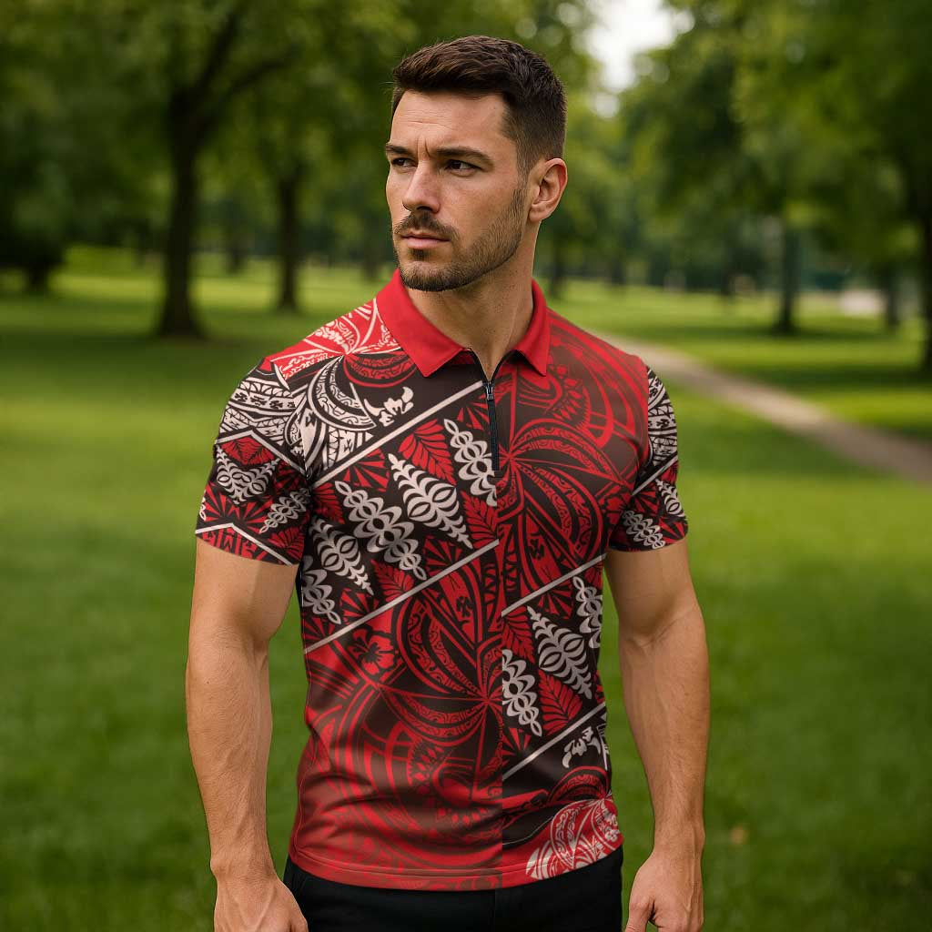 Vintage Ngatu Tribal Tonga Pattern Zipper Polo Shirt - Polynesian Pride