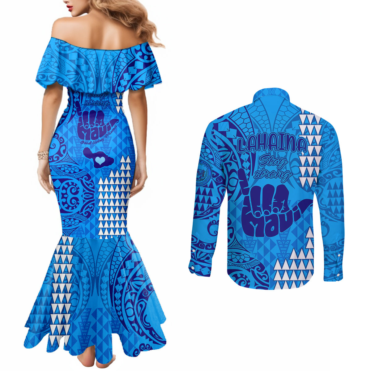 Strong Maui Couples Matching Mermaid Dress and Long Sleeve Button Shirts Good Living Hawaii with Shaka Sign Kakau Tribal Blue LT9 - Polynesian Pride