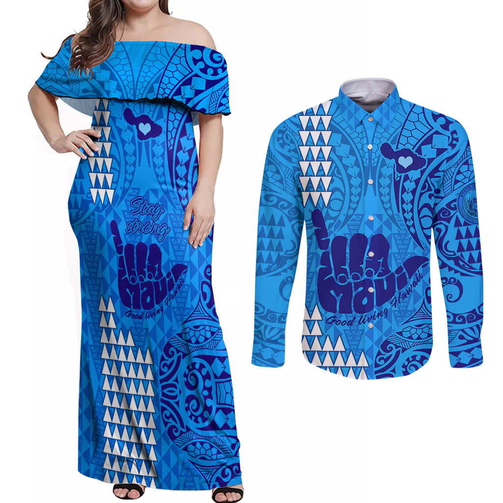 Strong Maui Couples Matching Off Shoulder Maxi Dress and Long Sleeve Button Shirts Good Living Hawaii with Shaka Sign Kakau Tribal Blue LT9 Blue - Polynesian Pride