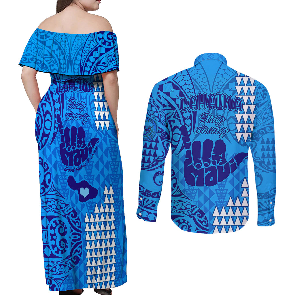 Strong Maui Couples Matching Off Shoulder Maxi Dress and Long Sleeve Button Shirts Good Living Hawaii with Shaka Sign Kakau Tribal Blue LT9 - Polynesian Pride
