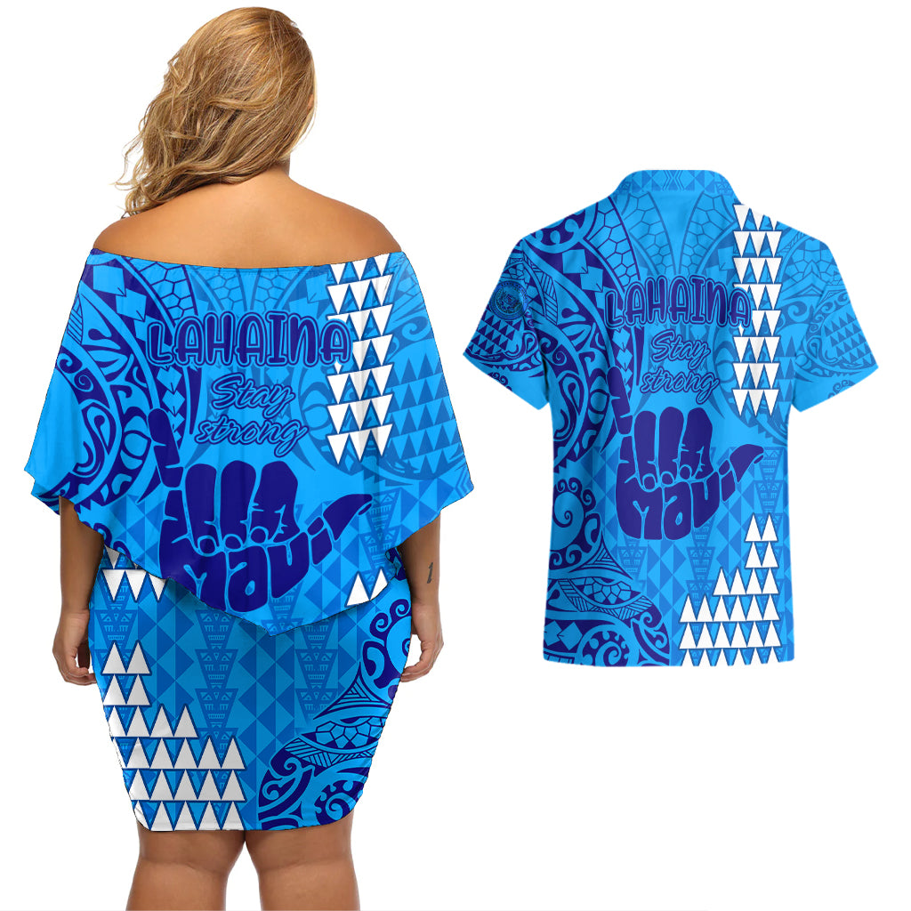 Strong Maui Couples Matching Off Shoulder Short Dress and Hawaiian Shirt Good Living Hawaii with Shaka Sign Kakau Tribal Blue LT9 - Polynesian Pride
