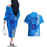 Strong Maui Couples Matching Off The Shoulder Long Sleeve Dress and Hawaiian Shirt Good Living Hawaii with Shaka Sign Kakau Tribal Blue LT9 - Polynesian Pride
