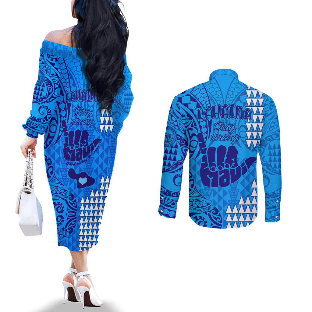 Strong Maui Couples Matching Off The Shoulder Long Sleeve Dress and Long Sleeve Button Shirts Good Living Hawaii with Shaka Sign Kakau Tribal Blue LT9 - Polynesian Pride