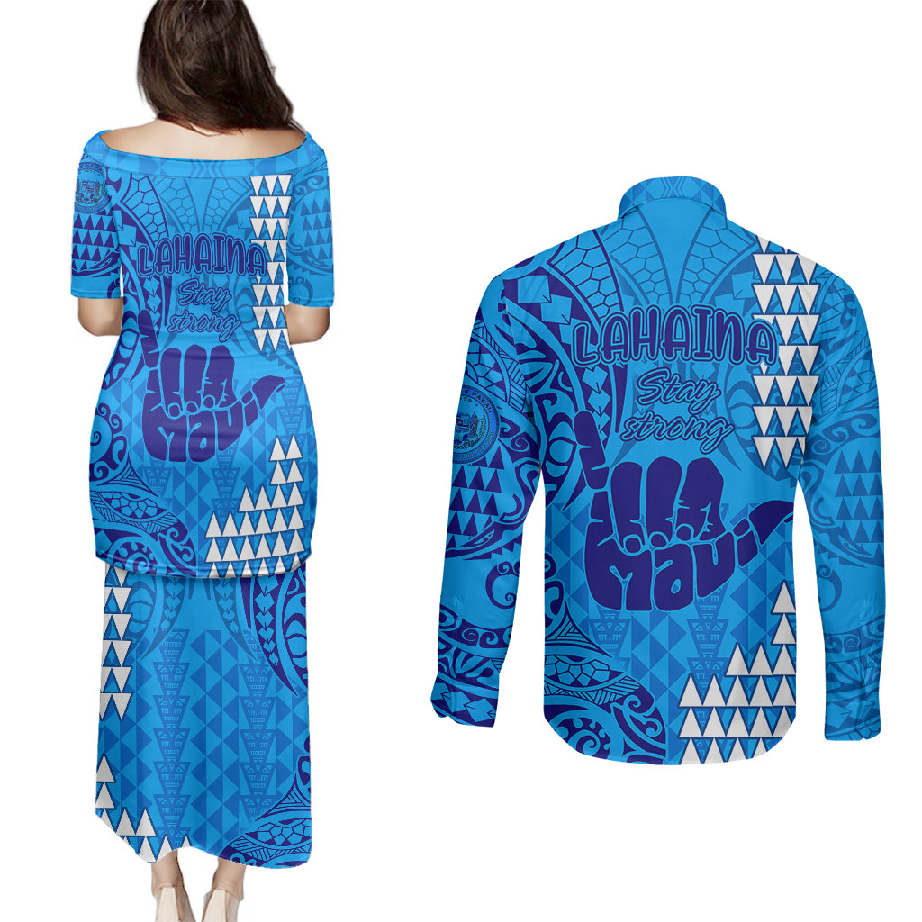 Strong Maui Couples Matching Puletasi Dress and Long Sleeve Button Shirts Good Living Hawaii with Shaka Sign Kakau Tribal Blue LT9 - Polynesian Pride