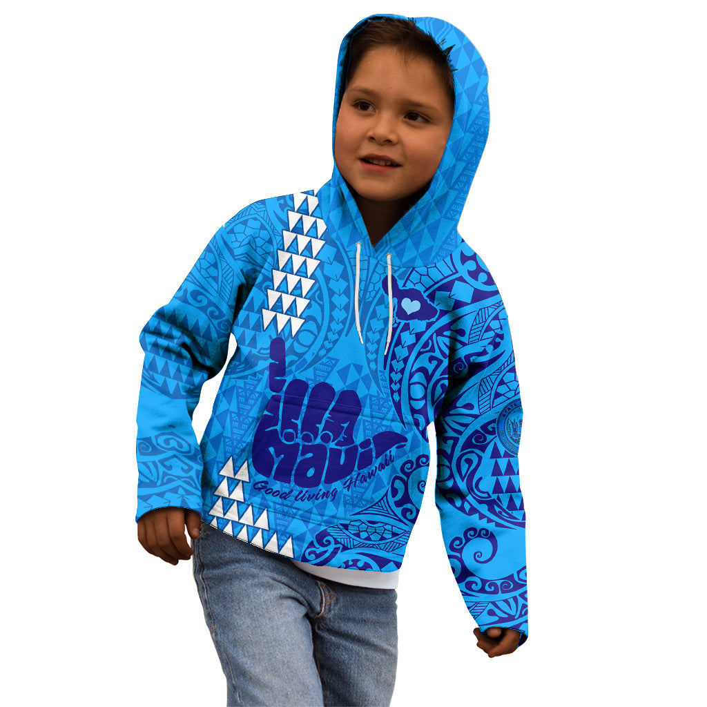 Strong Maui Kid Hoodie Good Living Hawaii with Shaka Sign Kakau Tribal Blue LT9 - Polynesian Pride