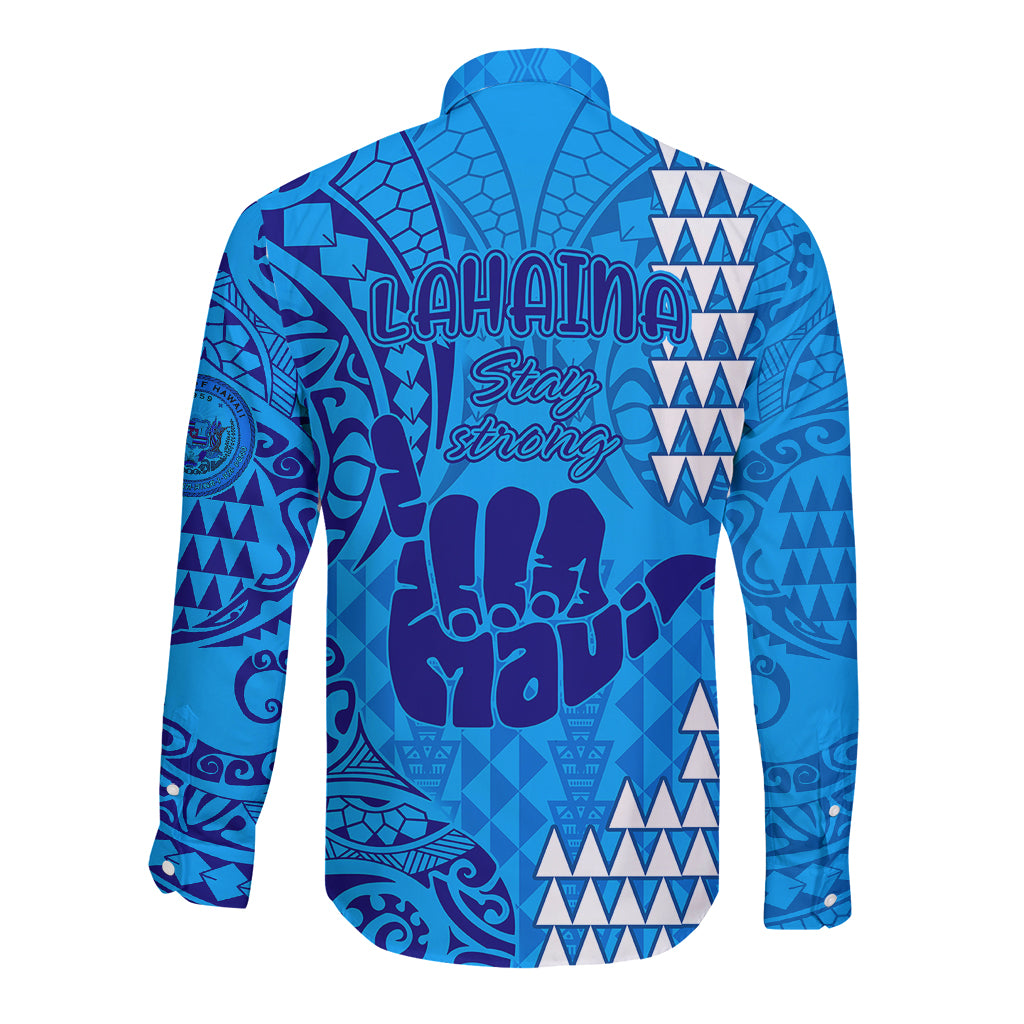 Strong Maui Long Sleeve Button Shirt Good Living Hawaii with Shaka Sign Kakau Tribal Blue LT9 - Polynesian Pride