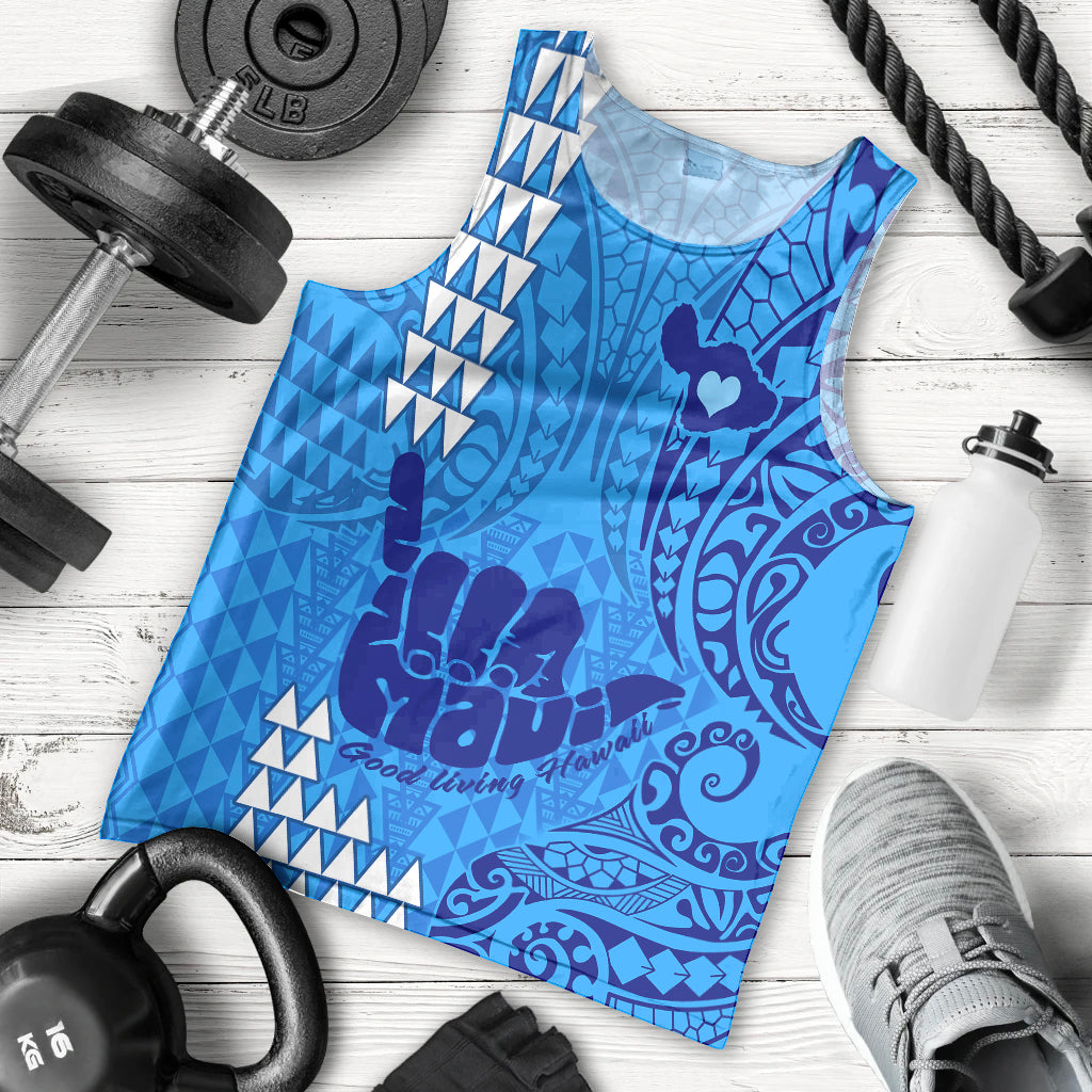 Strong Maui Men Tank Top Good Living Hawaii with Shaka Sign Kakau Tribal Blue LT9 Blue - Polynesian Pride
