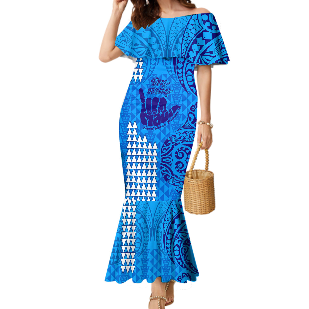 Strong Maui Mermaid Dress Good Living Hawaii with Shaka Sign Kakau Tribal Blue LT9 Women Blue - Polynesian Pride