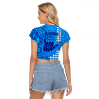 Strong Maui Raglan Cropped T Shirt Good Living Hawaii with Shaka Sign Kakau Tribal Blue LT9 - Polynesian Pride