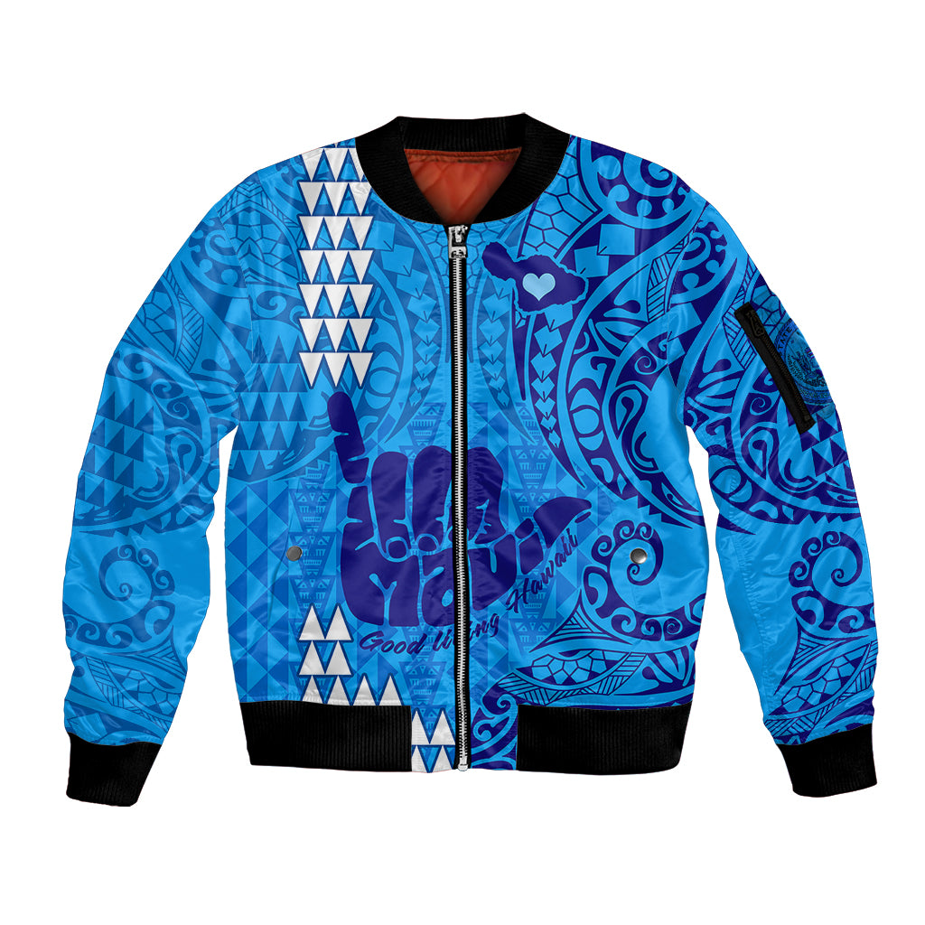 Strong Maui Sleeve Zip Bomber Jacket Good Living Hawaii with Shaka Sign Kakau Tribal Blue LT9 Unisex Blue - Polynesian Pride