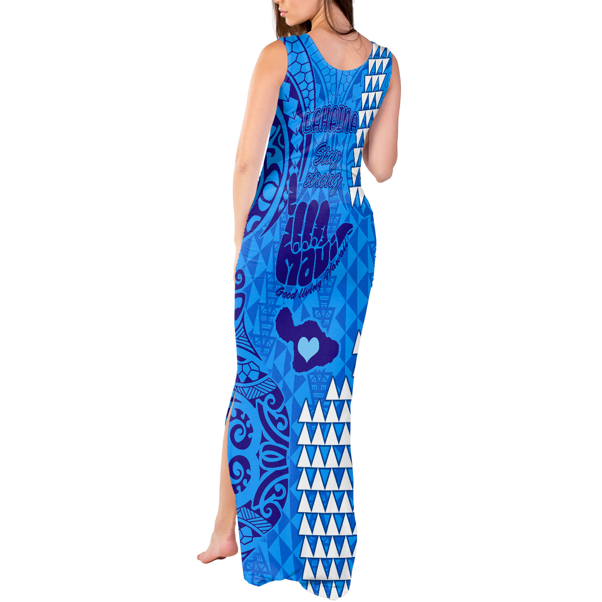 Strong Maui Tank Maxi Dress Good Living Hawaii with Shaka Sign Kakau Tribal Blue LT9 - Polynesian Pride