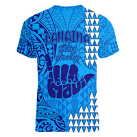 Strong Maui Women V Neck T Shirt Good Living Hawaii with Shaka Sign Kakau Tribal Blue LT9 - Polynesian Pride
