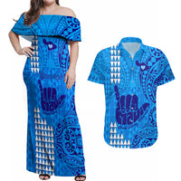 Personalised Strong Maui Couples Matching Off Shoulder Maxi Dress and Hawaiian Shirt Good Living Hawaii with Shaka Sign Kakau Tribal Blue LT9 Blue - Polynesian Pride
