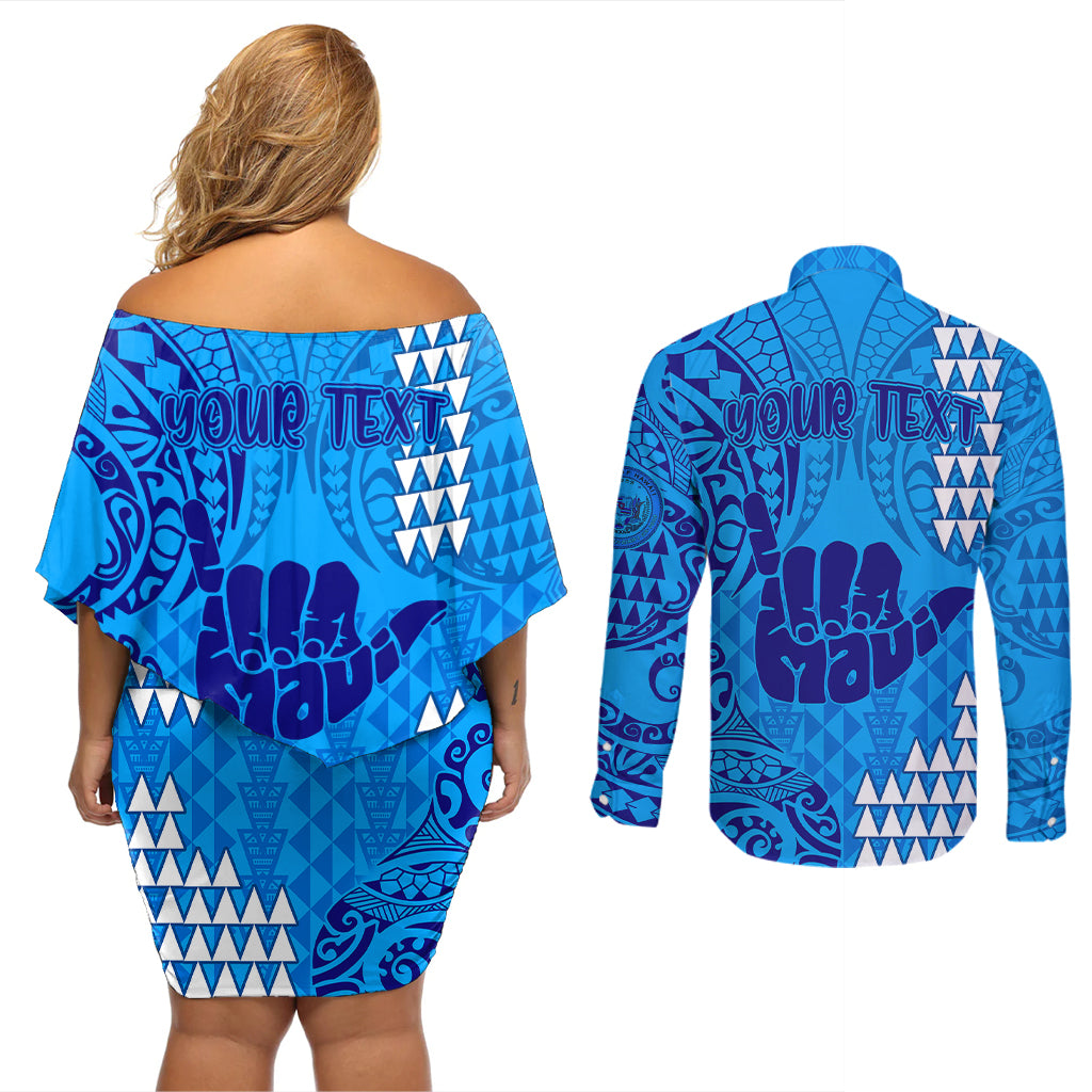 Personalised Strong Maui Couples Matching Off Shoulder Short Dress and Long Sleeve Button Shirts Good Living Hawaii with Shaka Sign Kakau Tribal Blue LT9 - Polynesian Pride