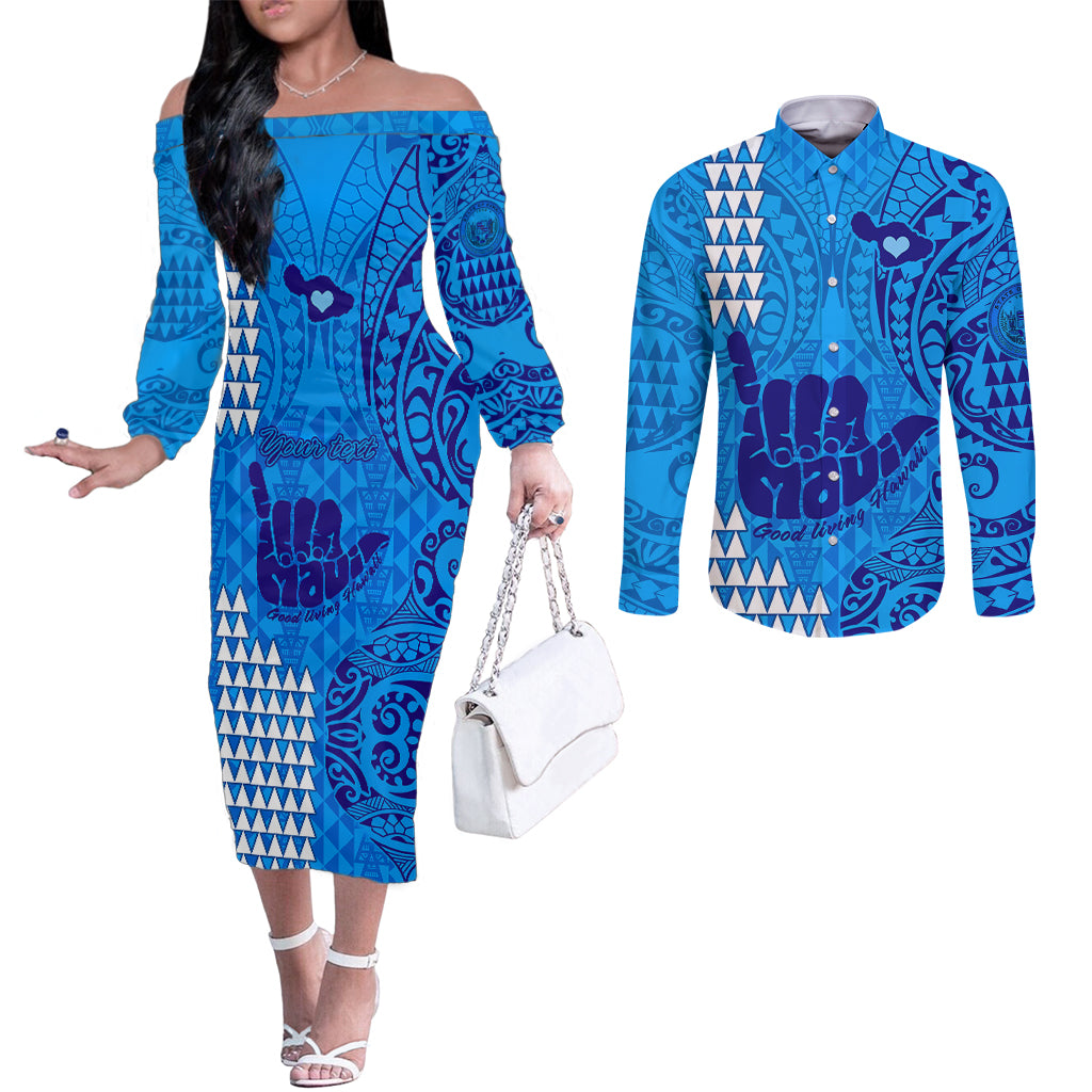 Personalised Strong Maui Couples Matching Off The Shoulder Long Sleeve Dress and Long Sleeve Button Shirts Good Living Hawaii with Shaka Sign Kakau Tribal Blue LT9 Blue - Polynesian Pride