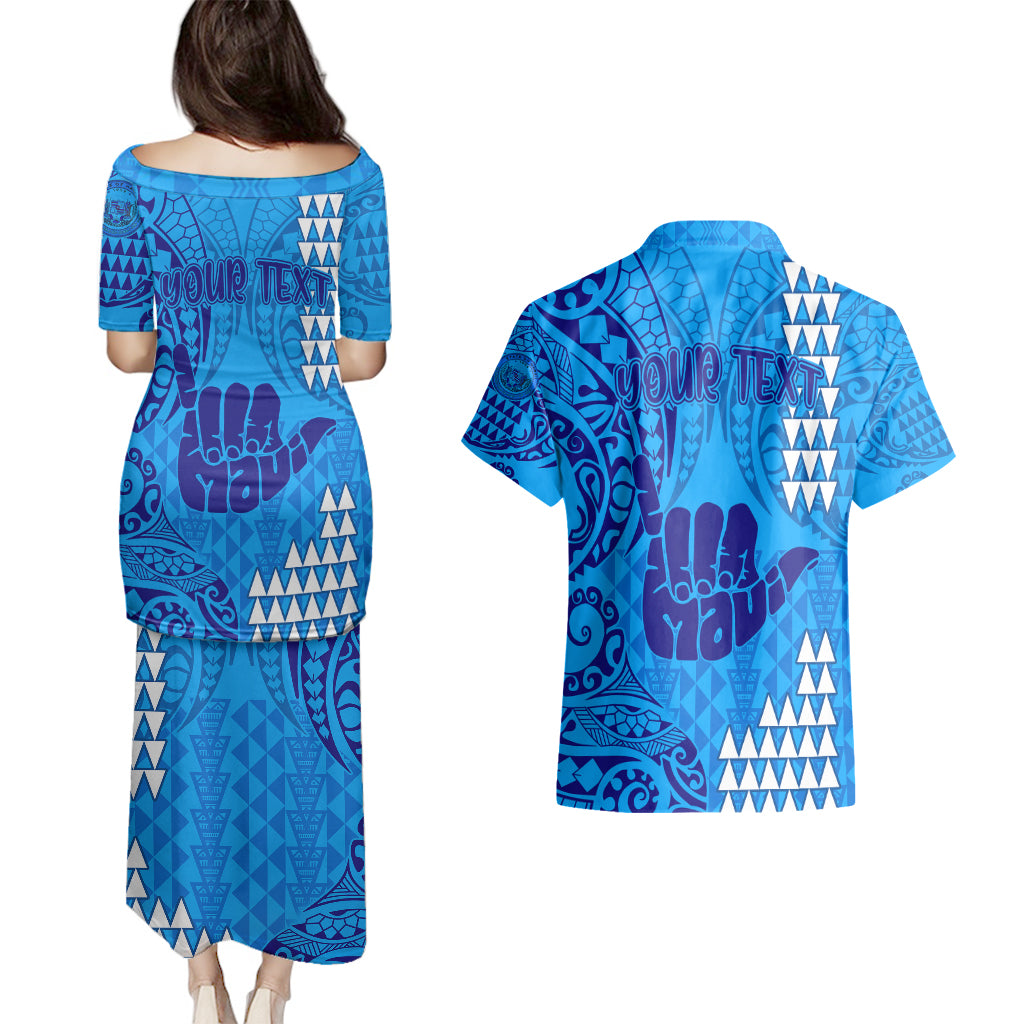 Personalised Strong Maui Couples Matching Puletasi Dress and Hawaiian Shirt Good Living Hawaii with Shaka Sign Kakau Tribal Blue LT9 - Polynesian Pride