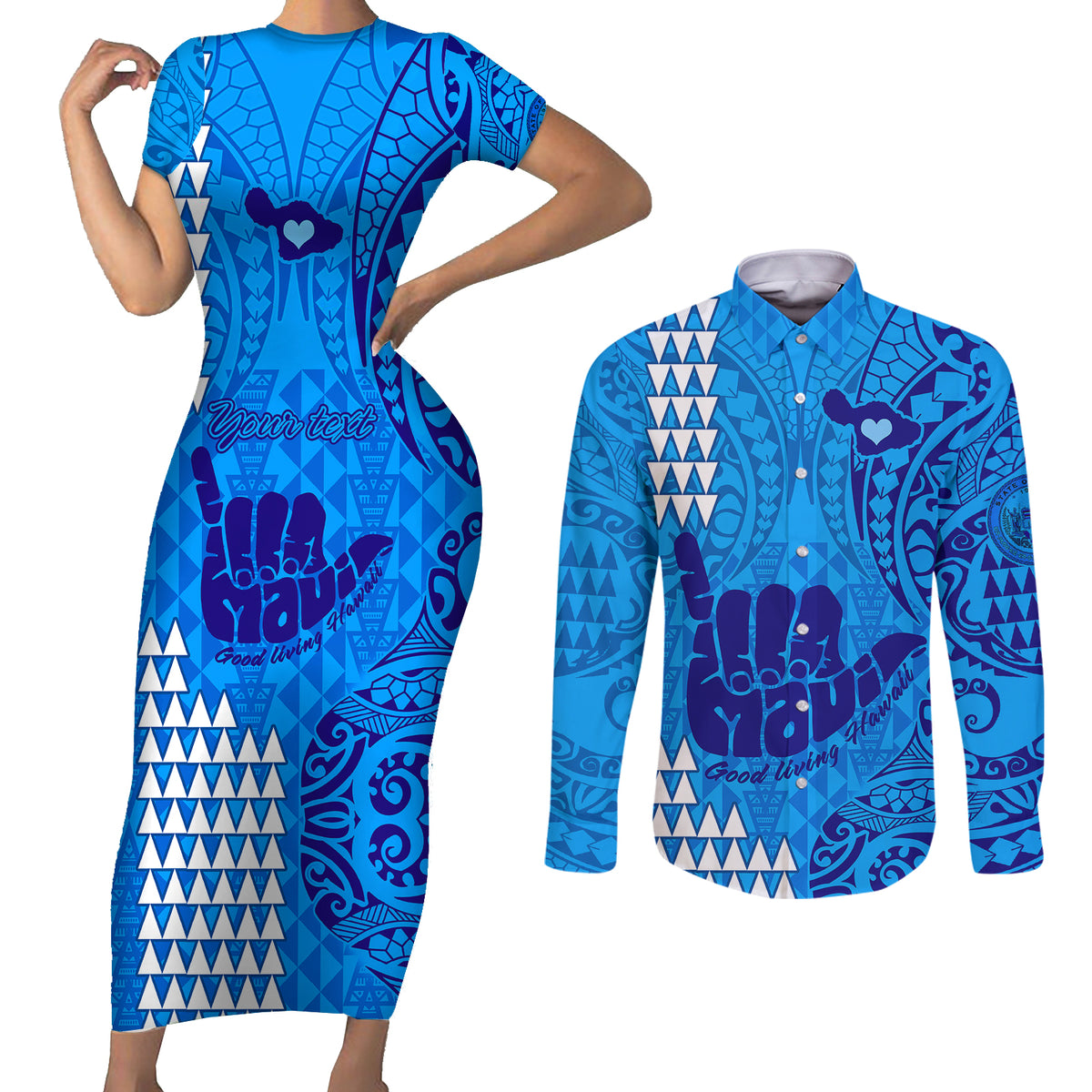 Personalised Strong Maui Couples Matching Short Sleeve Bodycon Dress and Long Sleeve Button Shirts Good Living Hawaii with Shaka Sign Kakau Tribal Blue LT9 Blue - Polynesian Pride