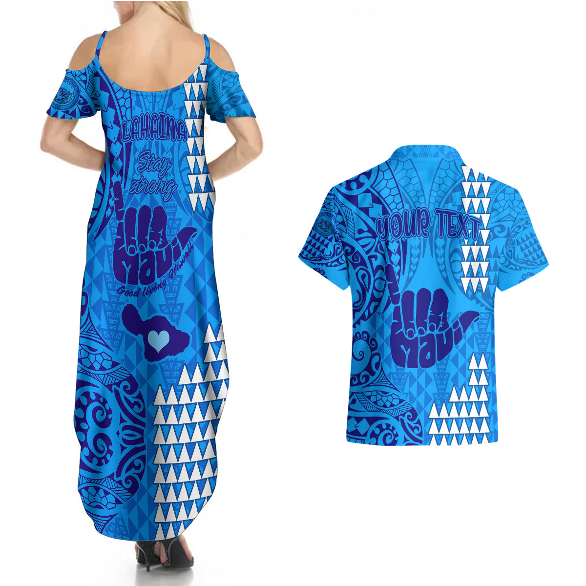 Personalised Strong Maui Couples Matching Summer Maxi Dress and Hawaiian Shirt Good Living Hawaii with Shaka Sign Kakau Tribal Blue LT9 - Polynesian Pride