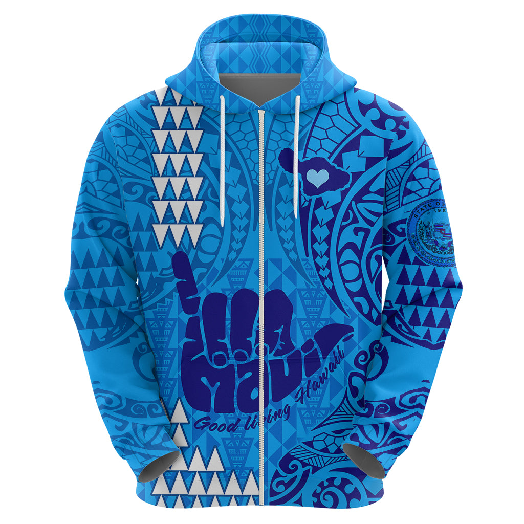 Personalised Strong Maui Hoodie Good Living Hawaii with Shaka Sign Kakau Tribal Blue LT9 - Polynesian Pride