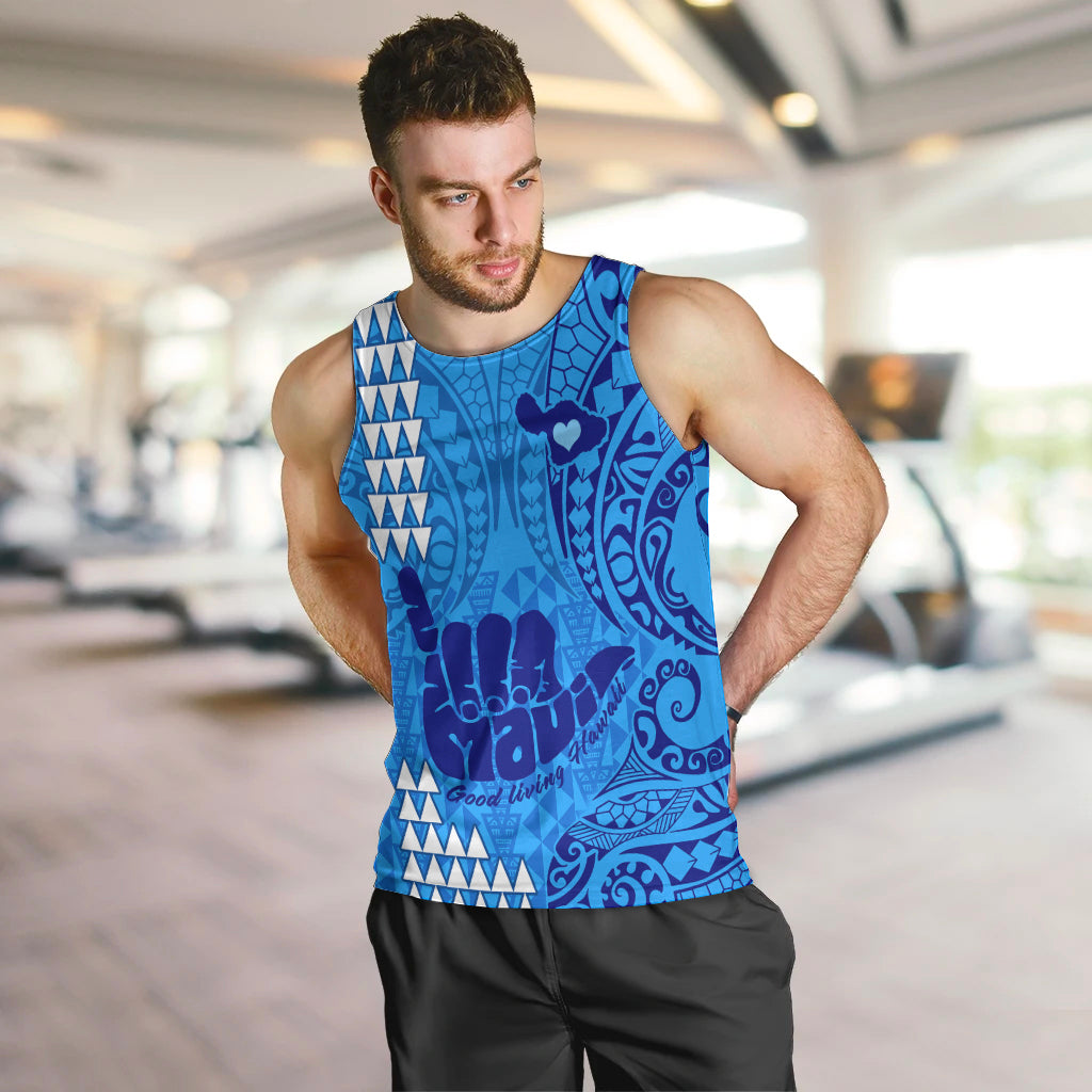 Personalised Strong Maui Men Tank Top Good Living Hawaii with Shaka Sign Kakau Tribal Blue LT9 - Polynesian Pride