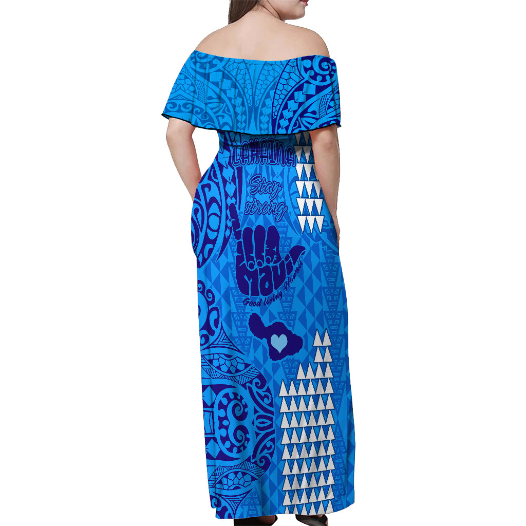 Personalised Strong Maui Off Shoulder Maxi Dress Good Living Hawaii with Shaka Sign Kakau Tribal Blue LT9 - Polynesian Pride