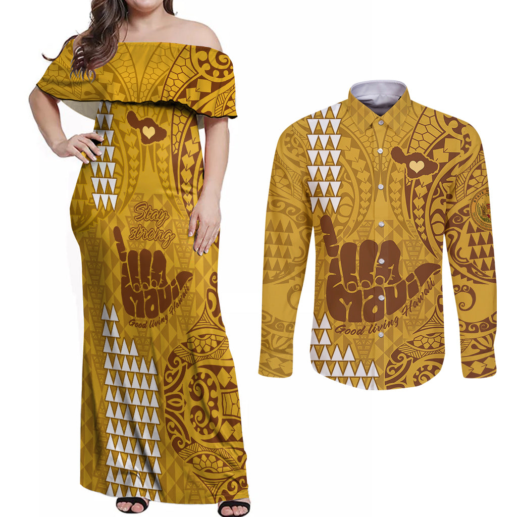 Strong Maui Couples Matching Off Shoulder Maxi Dress and Long Sleeve Button Shirts Good Living Hawaii with Shaka Sign Kakau Tribal Gold LT9 Gold - Polynesian Pride