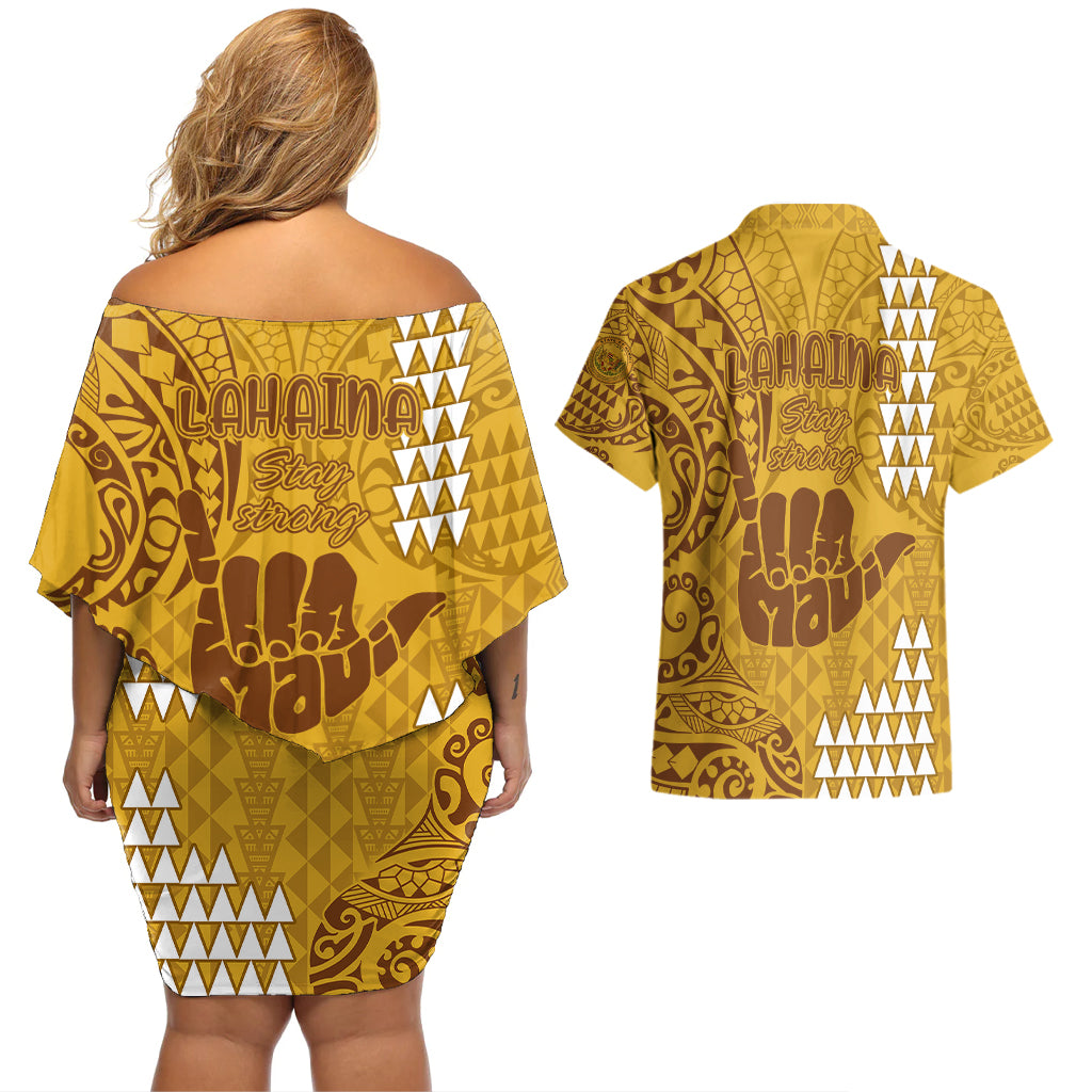 Strong Maui Couples Matching Off Shoulder Short Dress and Hawaiian Shirt Good Living Hawaii with Shaka Sign Kakau Tribal Gold LT9 - Polynesian Pride