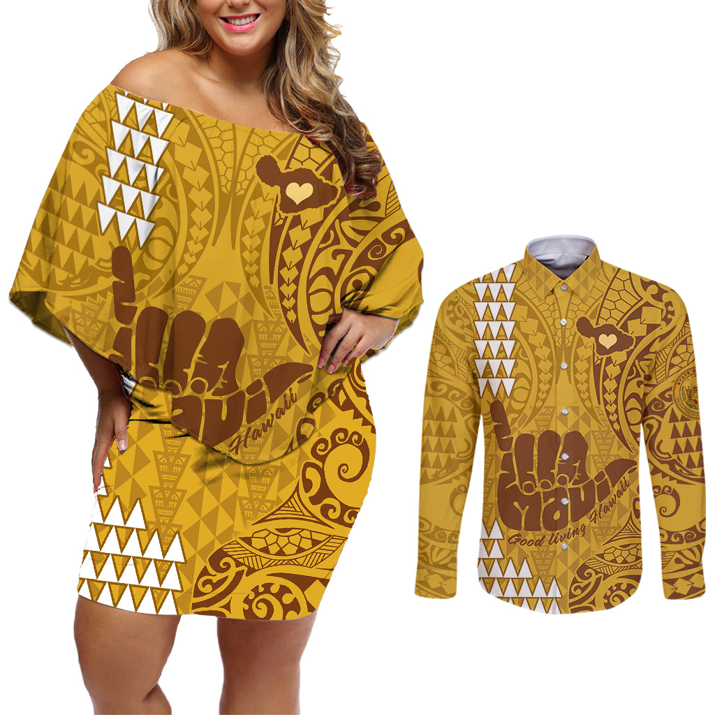 Strong Maui Couples Matching Off Shoulder Short Dress and Long Sleeve Button Shirts Good Living Hawaii with Shaka Sign Kakau Tribal Gold LT9 Gold - Polynesian Pride