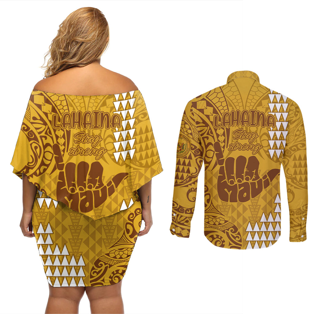 Strong Maui Couples Matching Off Shoulder Short Dress and Long Sleeve Button Shirts Good Living Hawaii with Shaka Sign Kakau Tribal Gold LT9 - Polynesian Pride