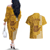 Strong Maui Couples Matching Off The Shoulder Long Sleeve Dress and Hawaiian Shirt Good Living Hawaii with Shaka Sign Kakau Tribal Gold LT9 - Polynesian Pride