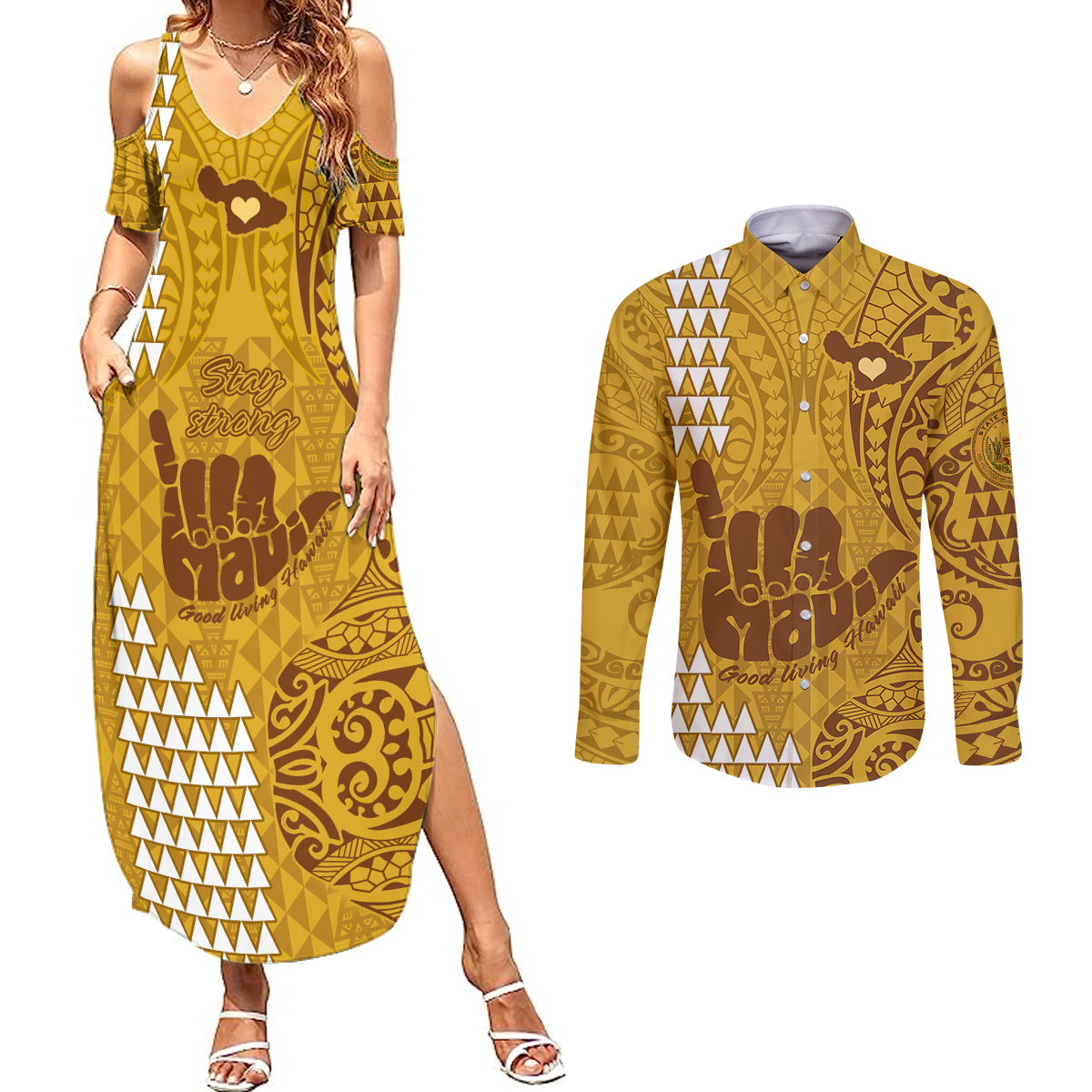 Strong Maui Couples Matching Summer Maxi Dress and Long Sleeve Button Shirts Good Living Hawaii with Shaka Sign Kakau Tribal Gold LT9 Gold - Polynesian Pride