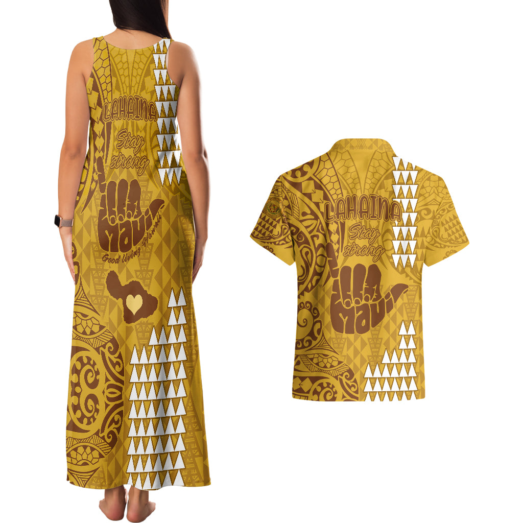 Strong Maui Couples Matching Tank Maxi Dress and Hawaiian Shirt Good Living Hawaii with Shaka Sign Kakau Tribal Gold LT9 - Polynesian Pride