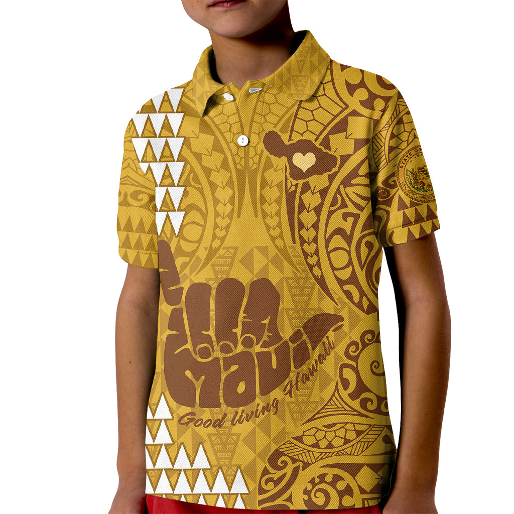 Strong Maui Kid Polo Shirt Good Living Hawaii with Shaka Sign Kakau Tribal Gold LT9 Kid Gold - Polynesian Pride