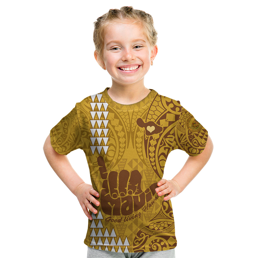 Strong Maui Kid T Shirt Good Living Hawaii with Shaka Sign Kakau Tribal Gold LT9 Gold - Polynesian Pride