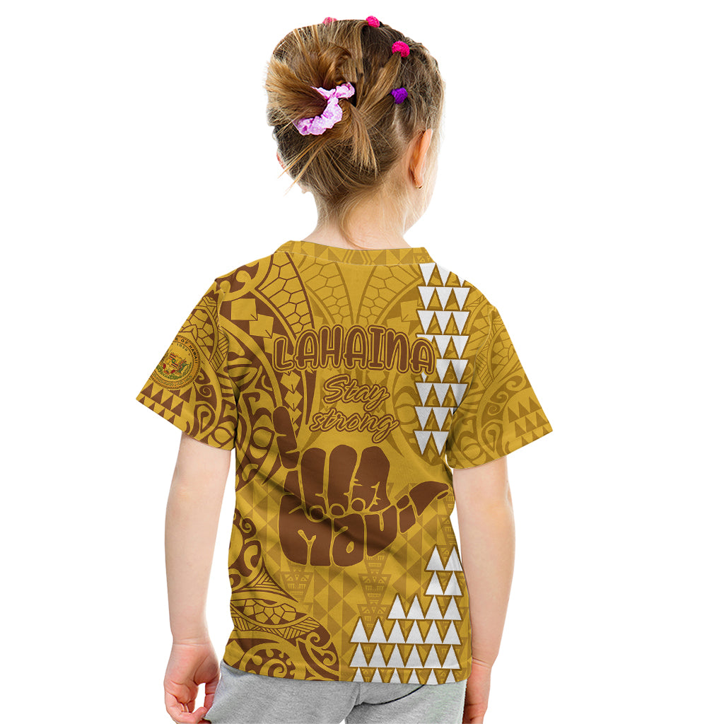 Strong Maui Kid T Shirt Good Living Hawaii with Shaka Sign Kakau Tribal Gold LT9 - Polynesian Pride