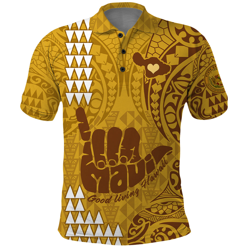 Strong Maui Polo Shirt Good Living Hawaii with Shaka Sign Kakau Tribal Gold LT9 Gold - Polynesian Pride