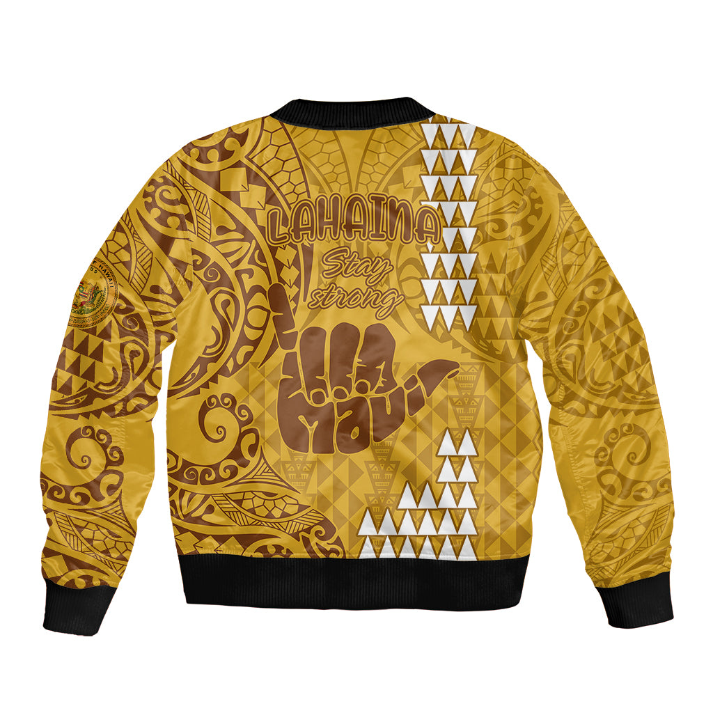 Strong Maui Sleeve Zip Bomber Jacket Good Living Hawaii with Shaka Sign Kakau Tribal Gold LT9 - Polynesian Pride