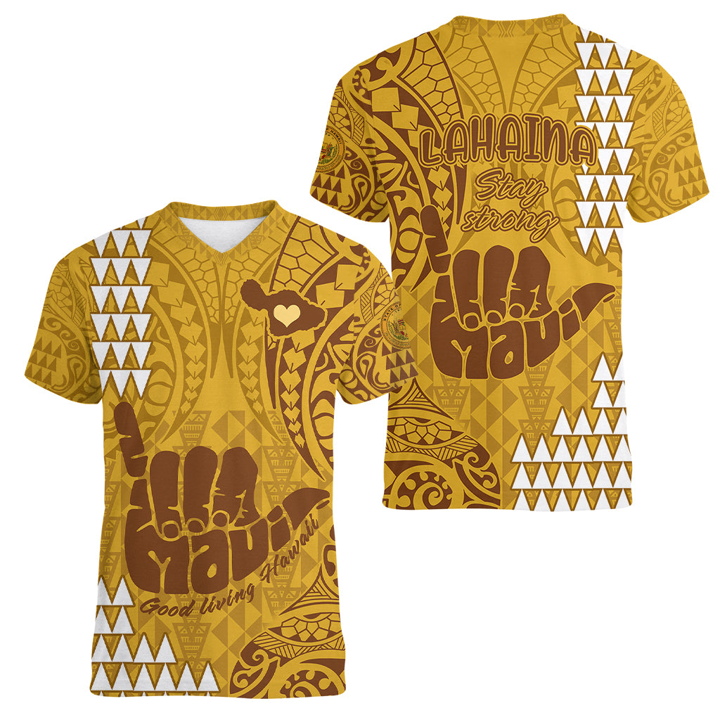 Strong Maui Women V Neck T Shirt Good Living Hawaii with Shaka Sign Kakau Tribal Gold LT9 - Polynesian Pride