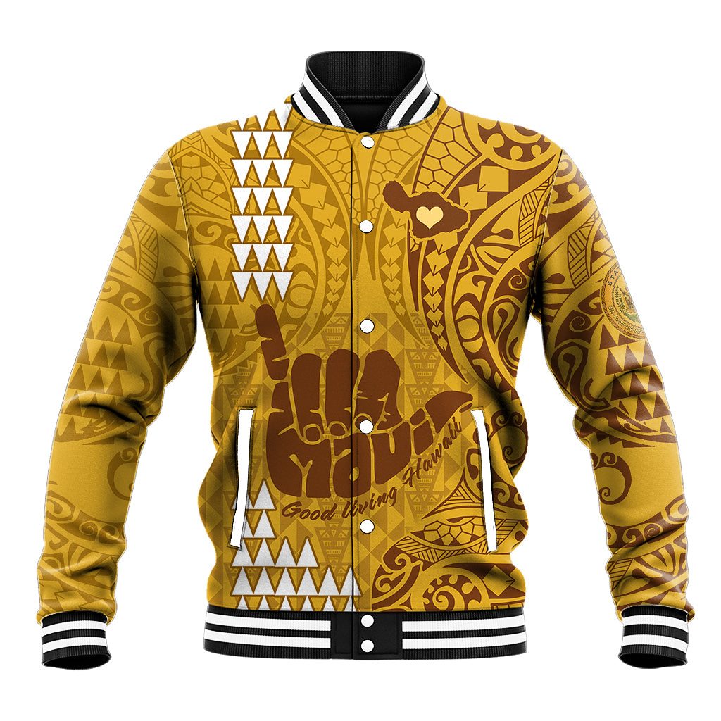 Personalised Strong Maui Baseball Jacket Good Living Hawaii with Shaka Sign Kakau Tribal Gold LT9 Unisex Gold - Polynesian Pride